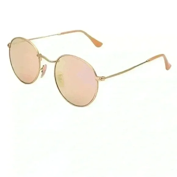Rose Pink Round Lens Gold Frame Sunglasses with microfiber cleaning pouch - Picture 3 of 12